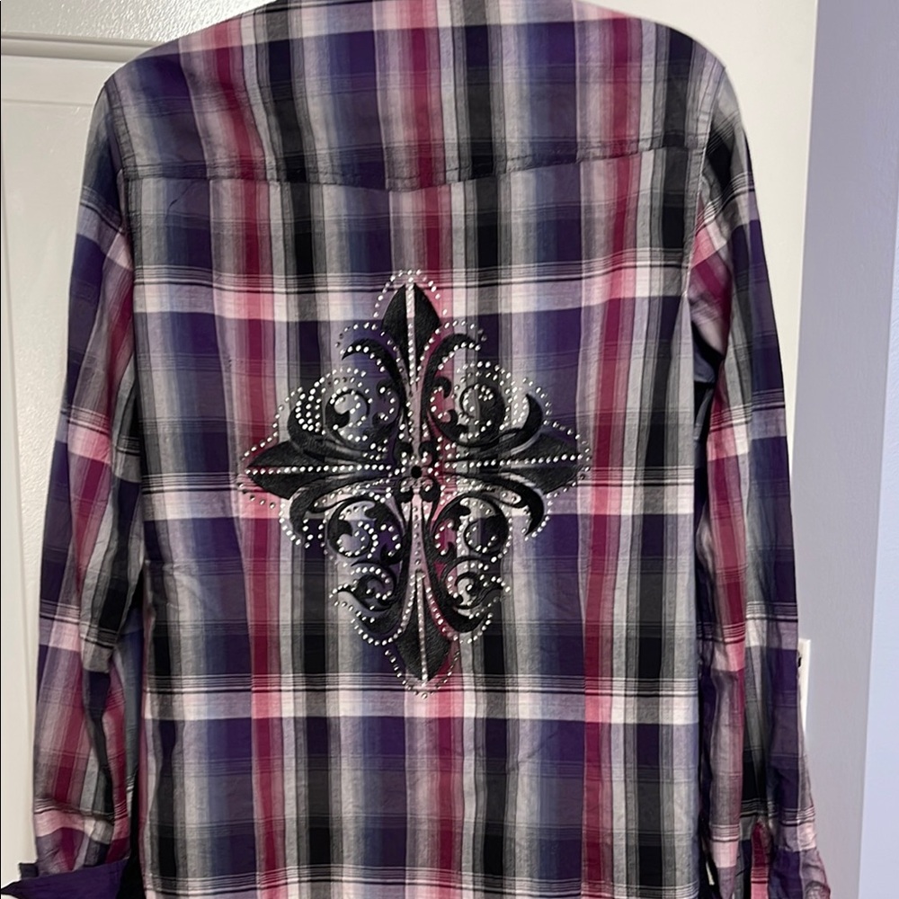 Woman’s Purple Plaid Shirt with Embellished Design